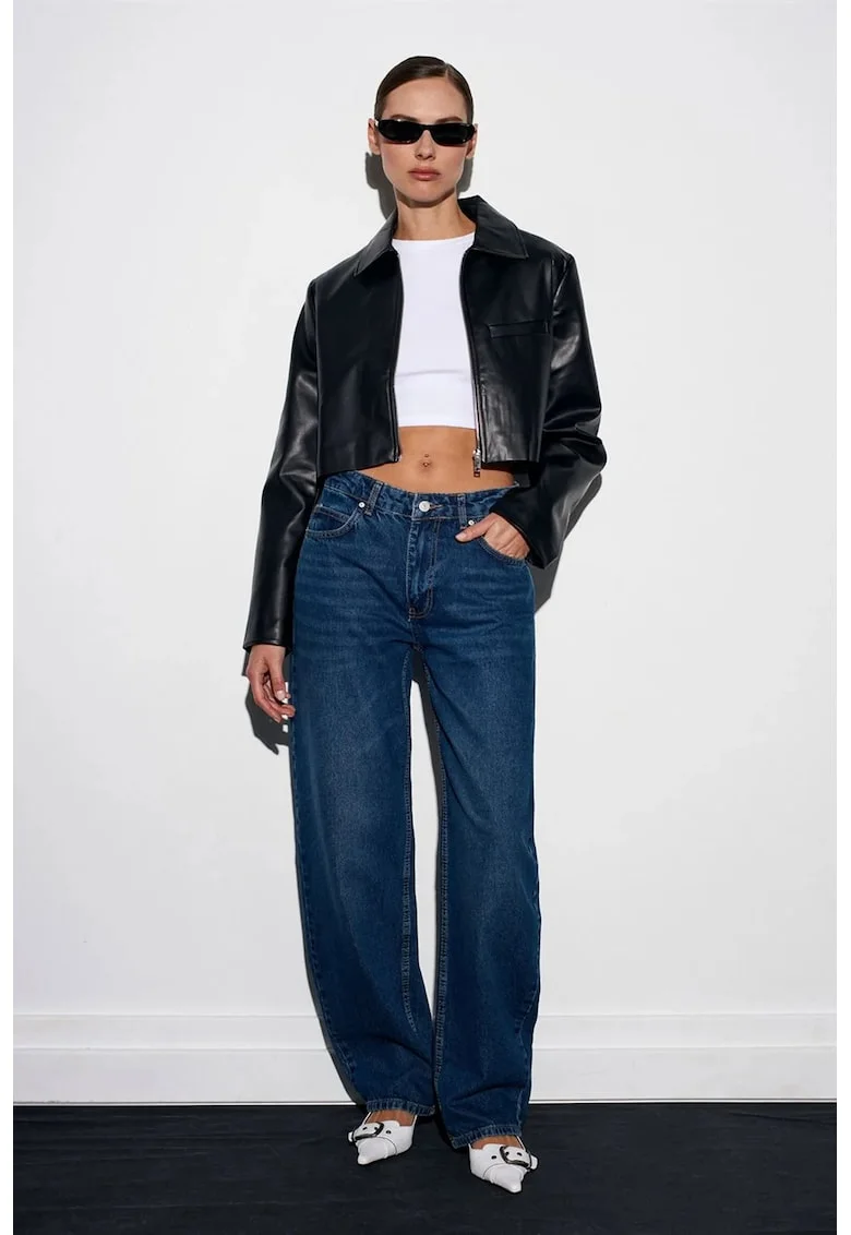Blugi dama,  talie joasa, picior larg, denim albastru mediu, 100% bumbac