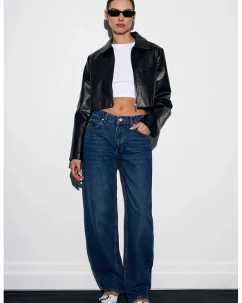 Blugi dama,  talie joasa, picior larg, denim albastru mediu, 100% bumbac