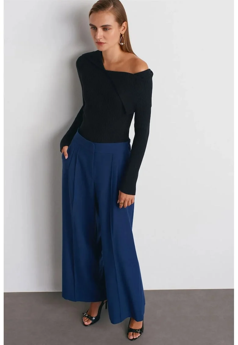 Pantaloni dama,  talie inalta, picior larg, Albastru Marin, crep