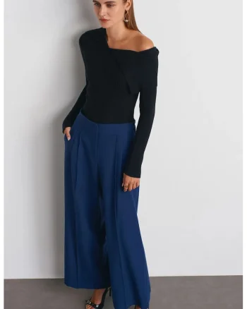 Pantaloni dama,  talie inalta, picior larg, Albastru Marin, crep