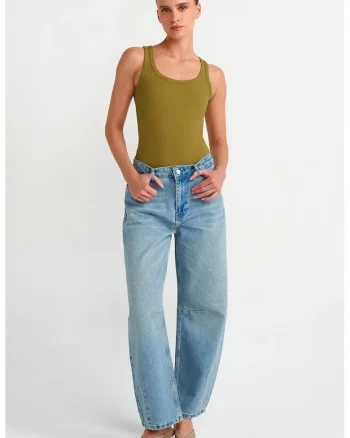 Blugi dama,  talie inalta, croiala balon, albastru deschis, denim