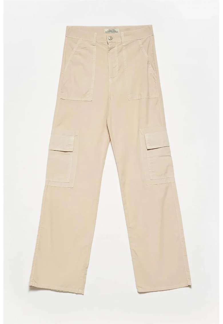 Pantaloni dama,  talie inalta, casual, bej natural, bumbac