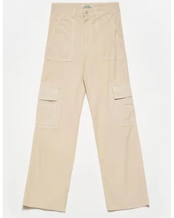 Pantaloni dama,  talie inalta, casual, bej natural, bumbac