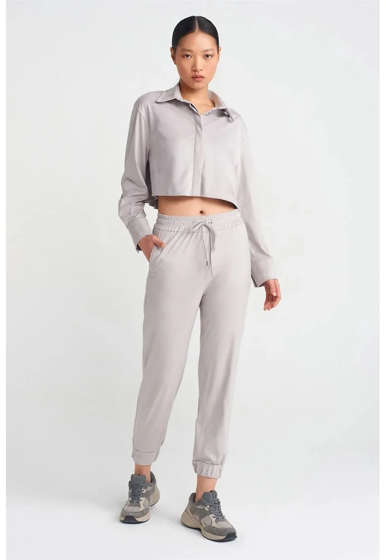 Pantaloni jogger,  gri deschis, material din poliester, talie elastica