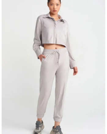 Pantaloni jogger,  gri deschis, material din poliester, talie elastica