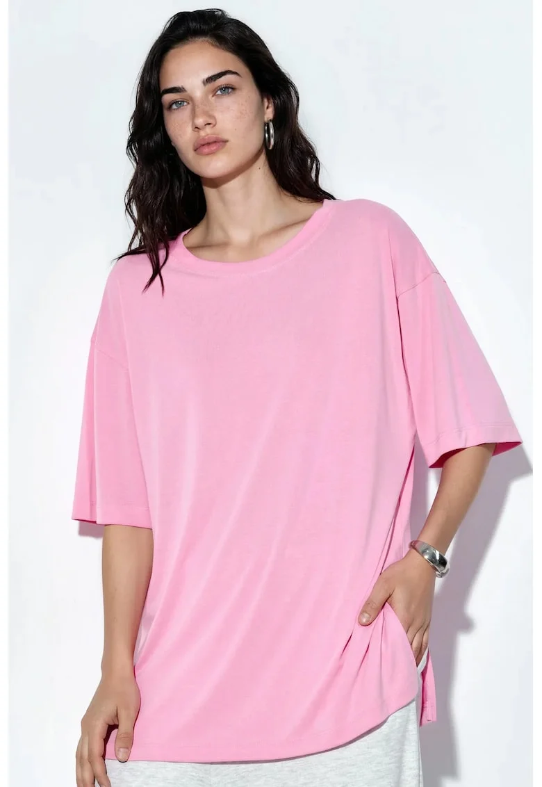 Tricou dama,  tricou cu guler rotund, maneca scurta, roz pudra, 80% modal, 20% poliester
