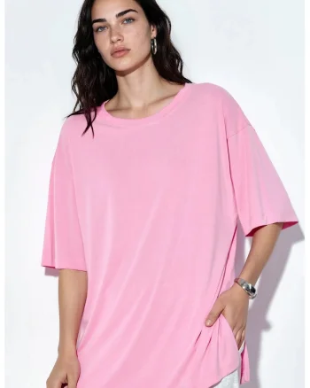 Tricou dama,  tricou cu guler rotund, maneca scurta, roz pudra, 80% modal, 20% poliester
