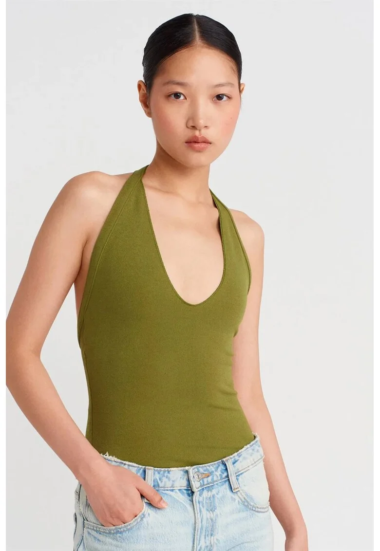 Bluza dama,  Slim Fit cu guler Halterneck si decupaje, Verde Kaki, viscoza-poliester-elastan