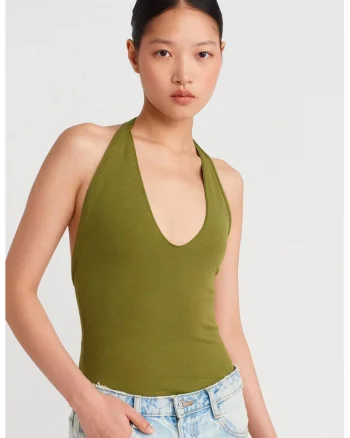 Bluza dama,  Slim Fit cu guler Halterneck si decupaje, Verde Kaki, viscoza-poliester-elastan
