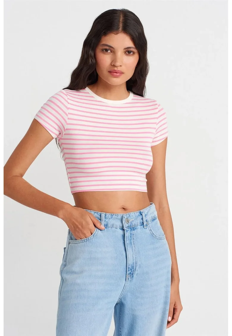 Bluza dama,  crop, alb/roz, dungi, 96% viscoza, 4% elastan