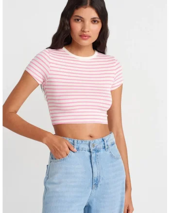 Bluza dama,  crop, alb/roz, dungi, 96% viscoza, 4% elastan
