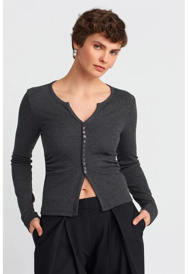 Bluza dama,  Slim Fit, Gri antracit, maneca lunga, 65% poliester