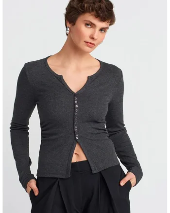 Bluza dama,  Slim Fit, Gri antracit, maneca lunga, 65% poliester