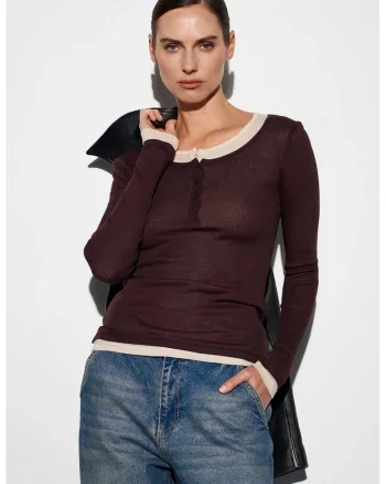 Bluza dama,  slim fit, maneci lungi, bumbac, maro