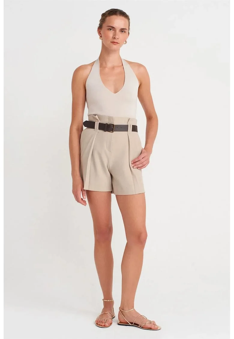 Pantaloni scurti,  talie inalta, cu curea, Bej Natural, crep