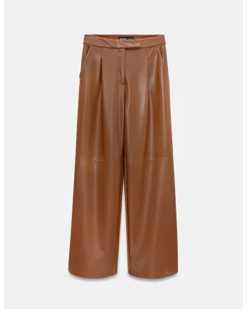 Pantaloni dama,  talie inalta, croiala larga, maro camel, imitatie de piele