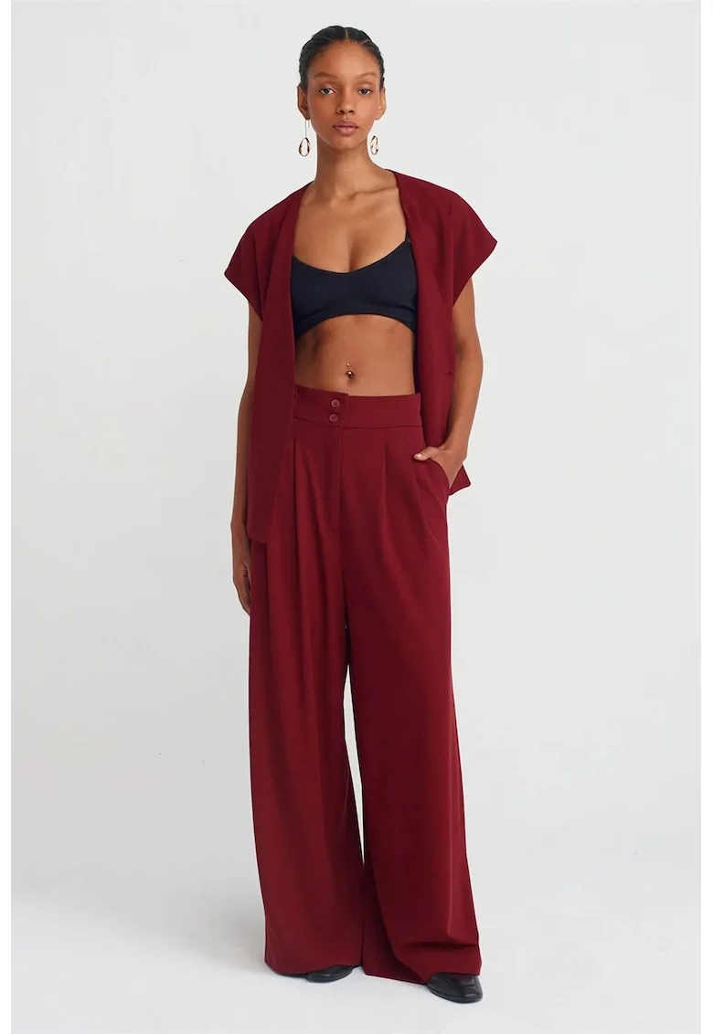 Pantaloni dama,  talie inalta, plisati, rosu burgundy, poliester-viscoza-elastan
