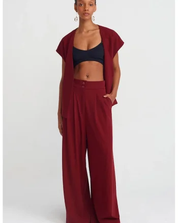 Pantaloni dama,  talie inalta, plisati, rosu burgundy, poliester-viscoza-elastan