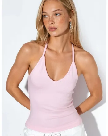 Bluza dama  Slim Fit cu guler Halter, roz pudra, amestec de modal, bumbac si elastan