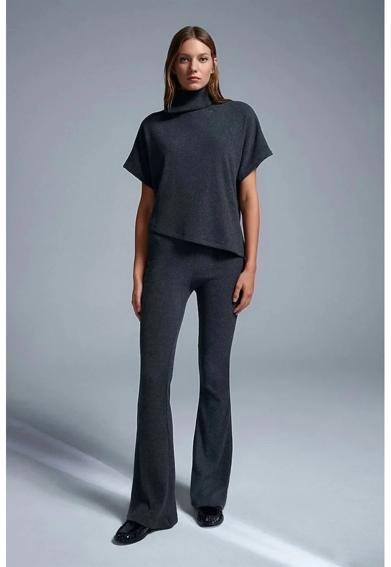 Pantaloni dama,  tricotati evazati, talie inalta, gri antracit, elastic, 73% poliester