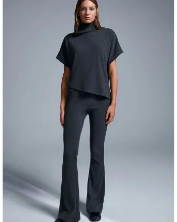 Pantaloni dama,  tricotati evazati, talie inalta, gri antracit, elastic, 73% poliester
