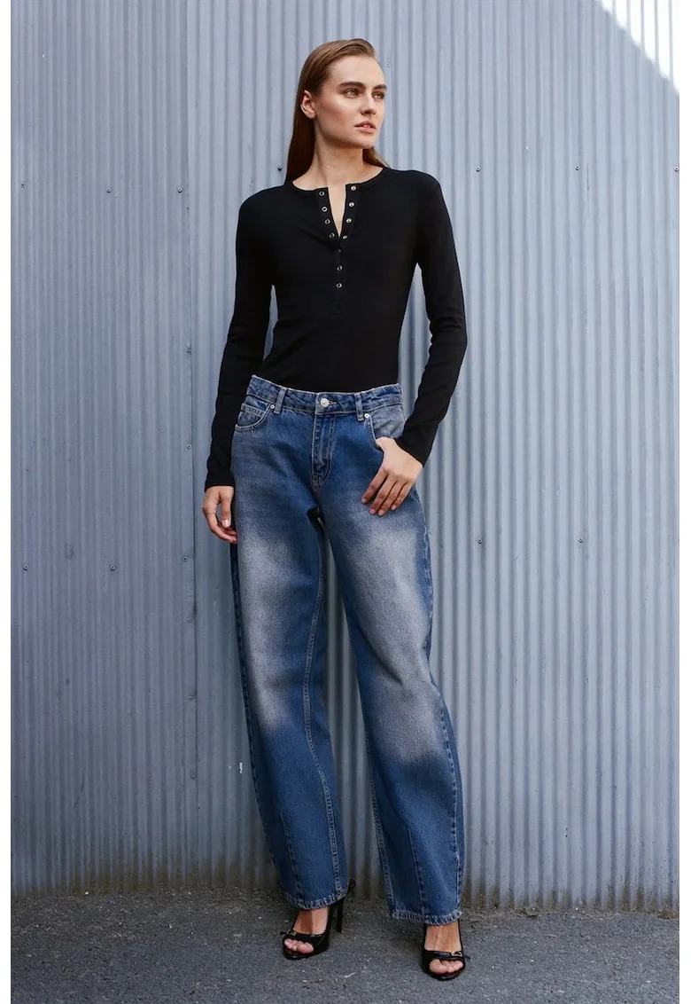 Blugi dama,  talie inalta, croiala larga, denim albastru mediu, 100% bumbac