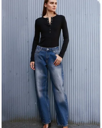Blugi dama,  talie inalta, croiala larga, denim albastru mediu, 100% bumbac