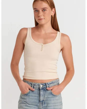 Bluze dama,  Cami Crop Slim Fit, crem natural, bumbac/modal/elastan