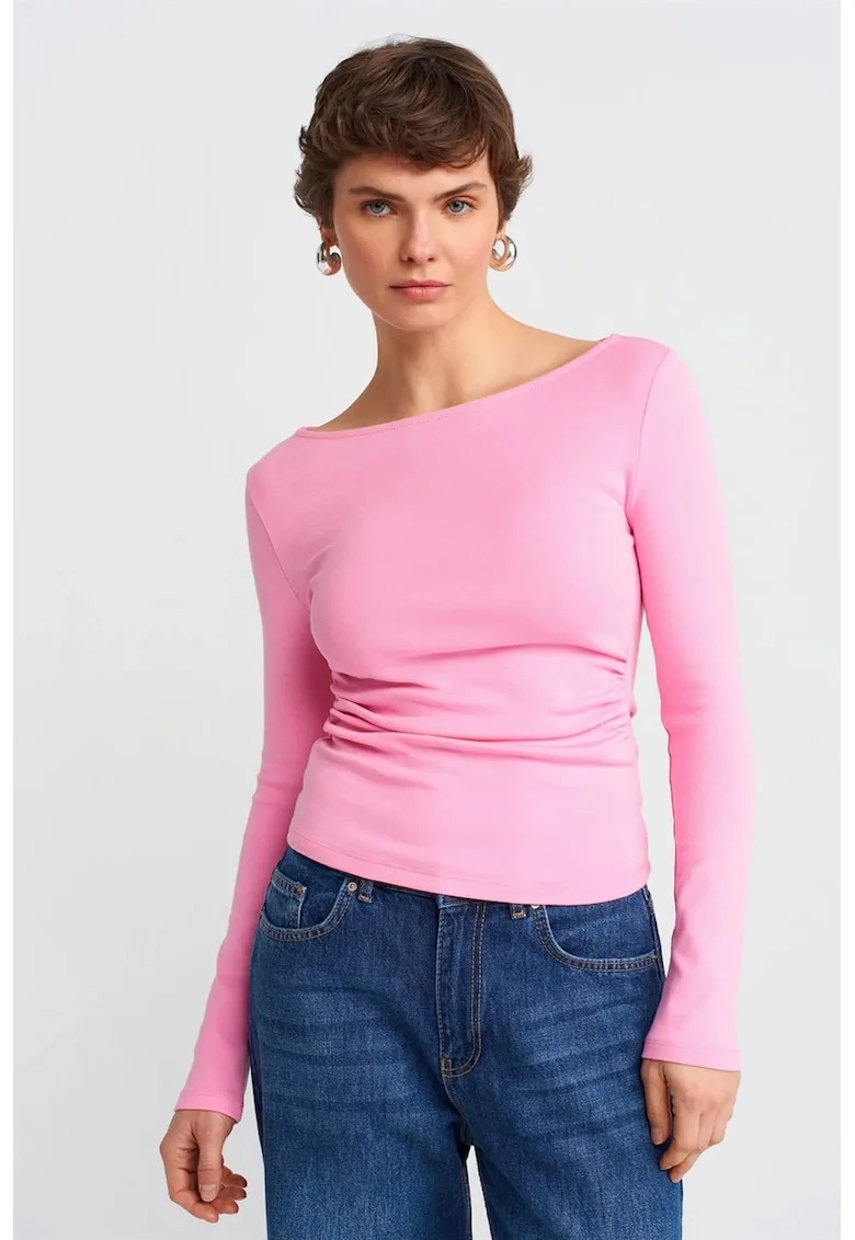 Bluza dama,  Slim Fit cu guler barcuta, Roz aprins, Bumbac-elastan