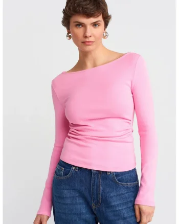 Bluza dama,  Slim Fit cu guler barcuta, Roz aprins, Bumbac-elastan