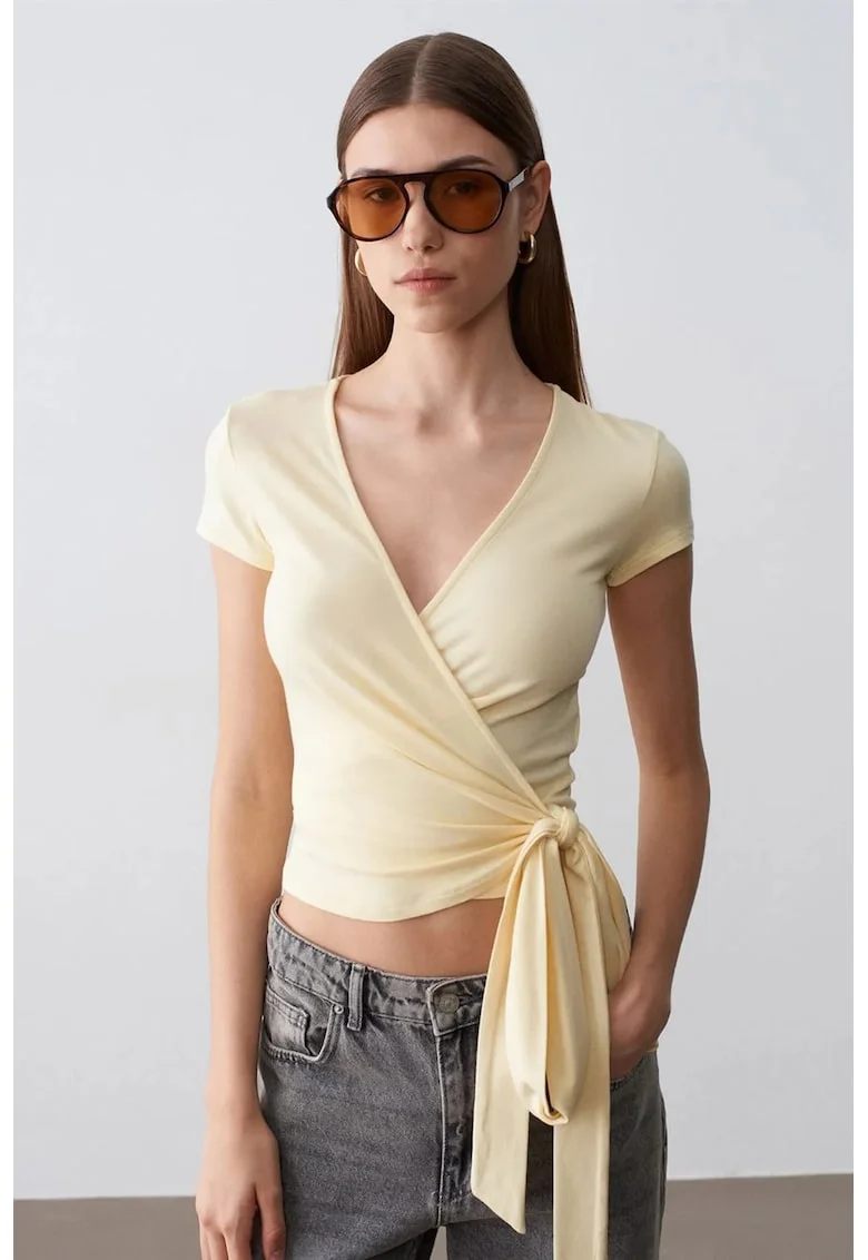 Bluza dama  Crop Wrap cu Detaliu Legat, Galben Lamaie, Jerseu, Maneca Scurta