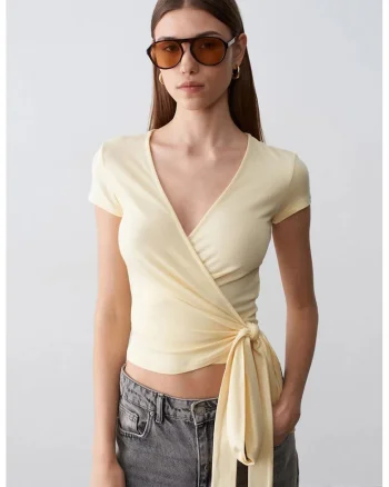 Bluza dama  Crop Wrap cu Detaliu Legat, Galben Lamaie, Jerseu, Maneca Scurta