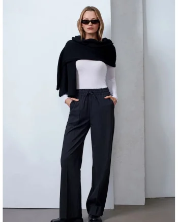 Pantaloni dama,  Wide-Leg Pull-On, gri antracit, elastic, Gri antracit