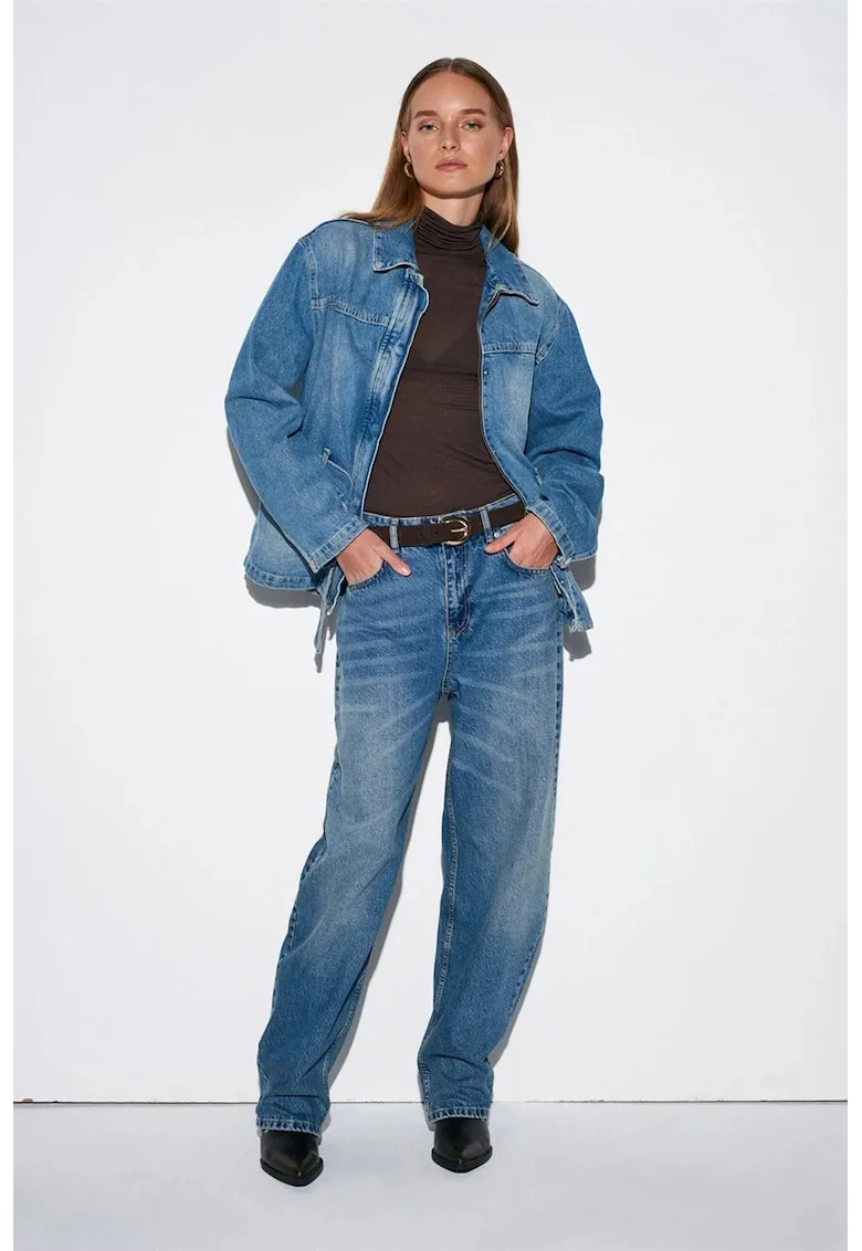 Blugi dama,  talie inalta croiala larga, denim albastru mediu 100% bumbac