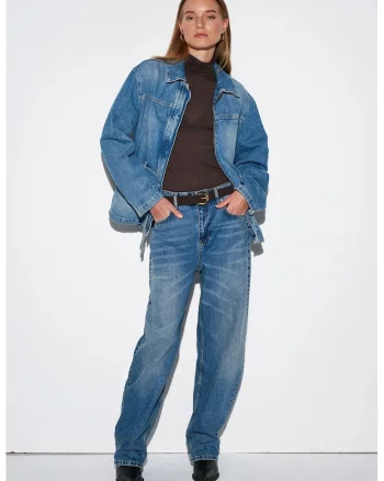 Blugi dama,  talie inalta croiala larga, denim albastru mediu 100% bumbac