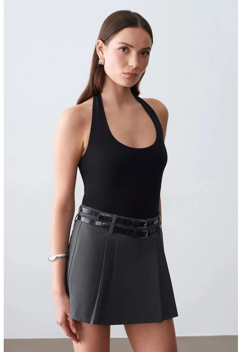 Bluza dama,  cu guler Halterneck, croiala Slim-Fit, negru, 47% modal, 46% bumbac, 7% elastan