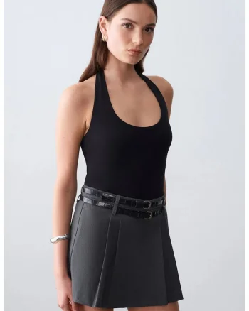 Bluza dama,  cu guler Halterneck, croiala Slim-Fit, negru, 47% modal, 46% bumbac, 7% elastan