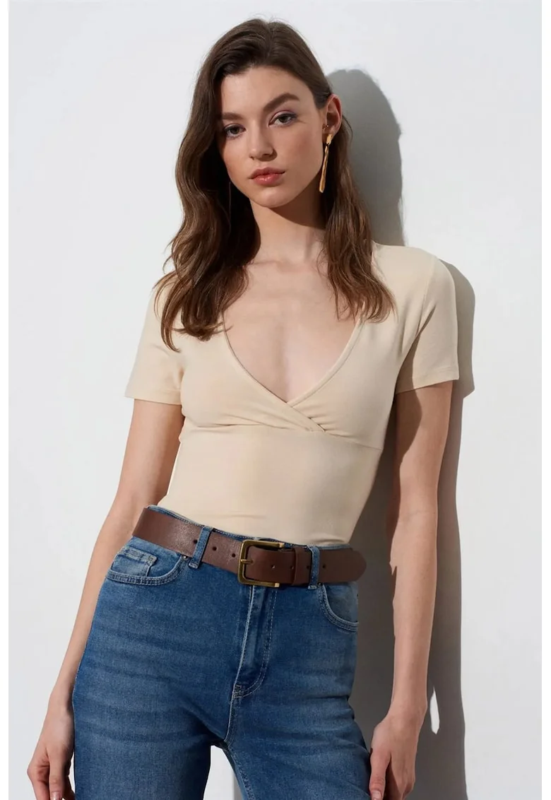 Tricou dama,  mulat, decolteu in V, bej natural, elastic