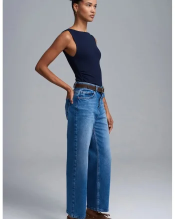 Blugi dama,  talie inalta, croiala larga, denim albastru mediu, 98% bumbac