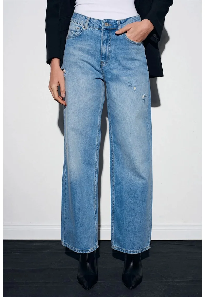 Blugi dama,  talie inalta, croiala dreapta, denim albastru deschis-mediu, 100% bumbac