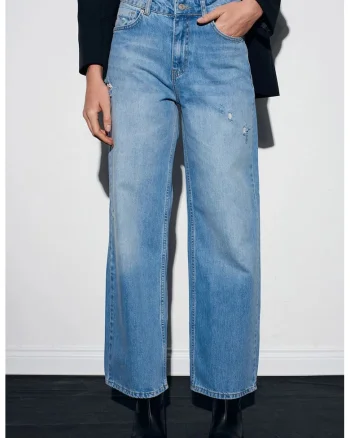 Blugi dama,  talie inalta, croiala dreapta, denim albastru deschis-mediu, 100% bumbac