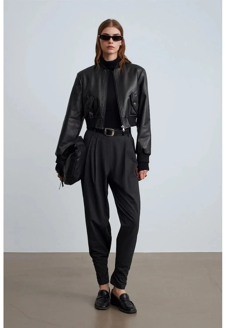 Pantaloni dama,  talie inalta, croiala Crepe, negru, poliester-viscoza-elastan