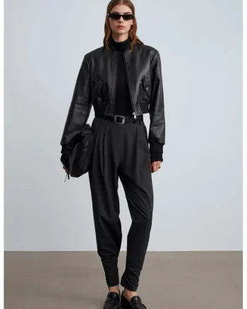 Pantaloni dama,  talie inalta, croiala Crepe, negru, poliester-viscoza-elastan