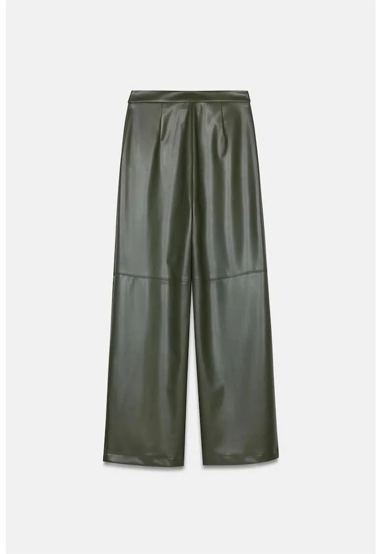 Pantaloni dama,  talie inalta, croiala larga, verde padure, imitatie de piele