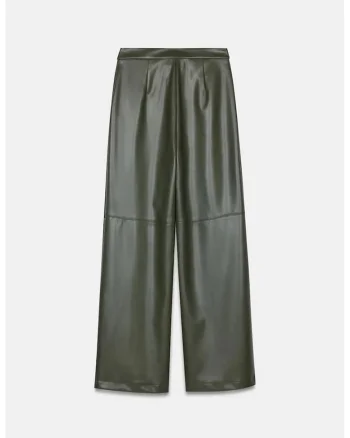 Pantaloni dama,  talie inalta, croiala larga, verde padure, imitatie de piele