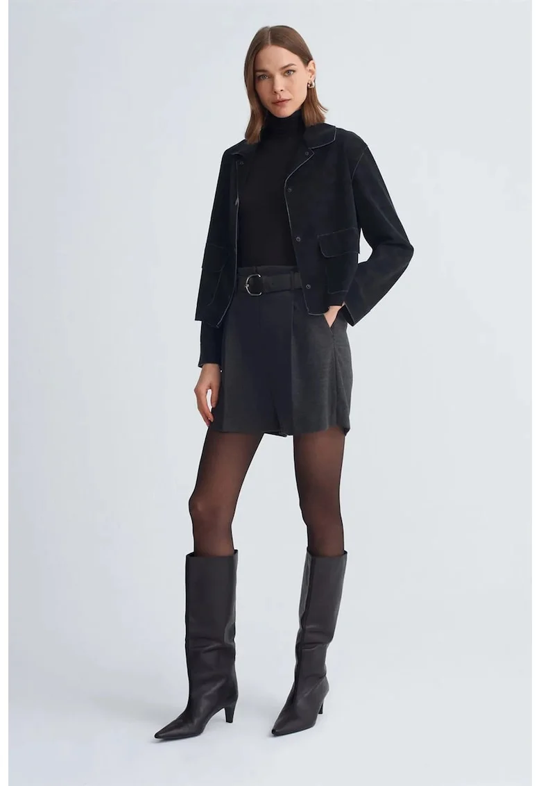 Pantaloni scurti dama,  talie inalta, picior larg, gri antracit, poliester-viscoza-elastan