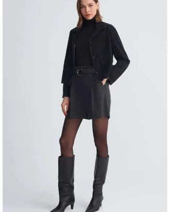 Pantaloni scurti dama,  talie inalta, picior larg, gri antracit, poliester-viscoza-elastan