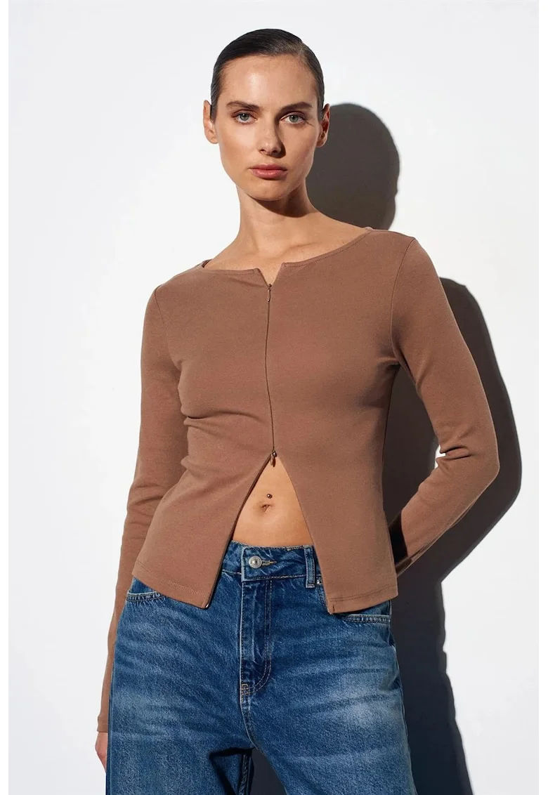 Bluze dama,  Bluza Slim Fit, casual, maro camel, bumbac elastan