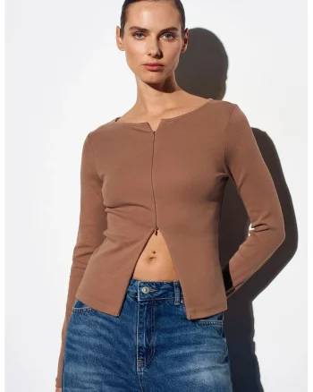 Bluze dama,  Bluza Slim Fit, casual, maro camel, bumbac elastan