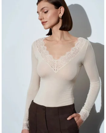 Bluza dama,  Bluza Slim Fit, elegant, cu decolteu in V, dantela, Oatmeal Natural